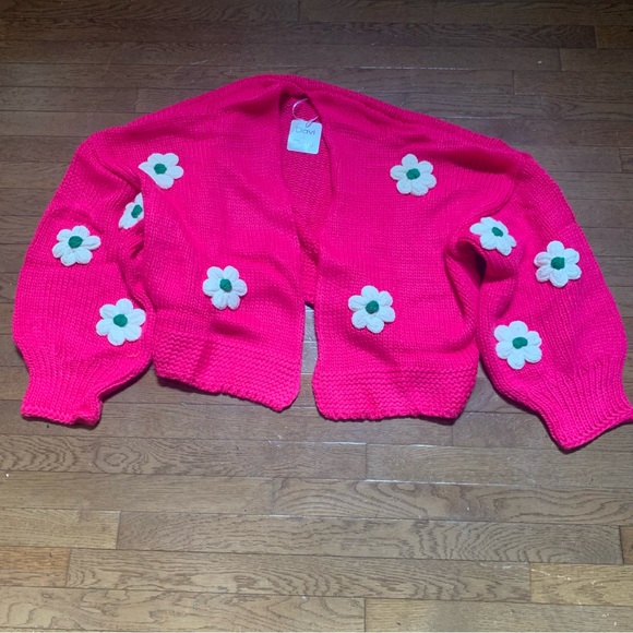 Womens Davi & Dani Floral Appliqué Cardigan Sweater | 3XL | Neon Hot Pink NEW!! - Picture 2 of 12